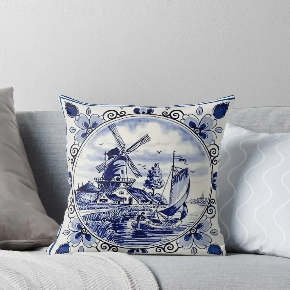 Vintage Windmill Poster In Dutch Blue Delft Throw Pillow Sofa Covers Plaid Sofa pillow