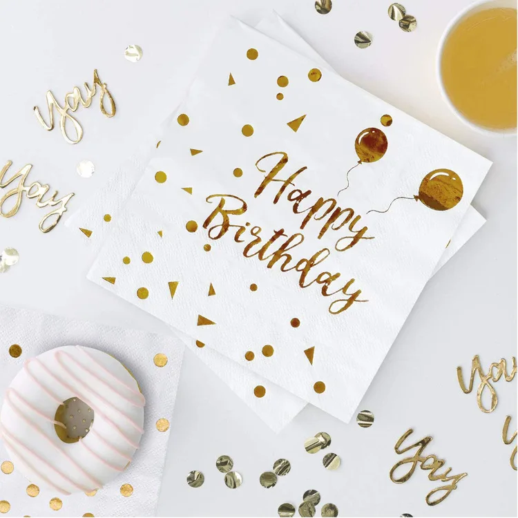 happy birthday Table Paper Napkins Elegant Tissue Beautiful Decor Vintage Towel Party Home White Foil Gold Birthday