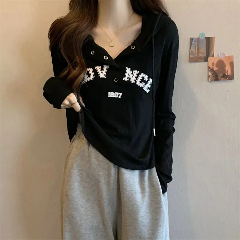 Fashion Long Sleeve Printed Letter Button Hooded T-Shirts Female Clothing 2024 Autumn New Loose Korean Tops Casual Tee Shirt