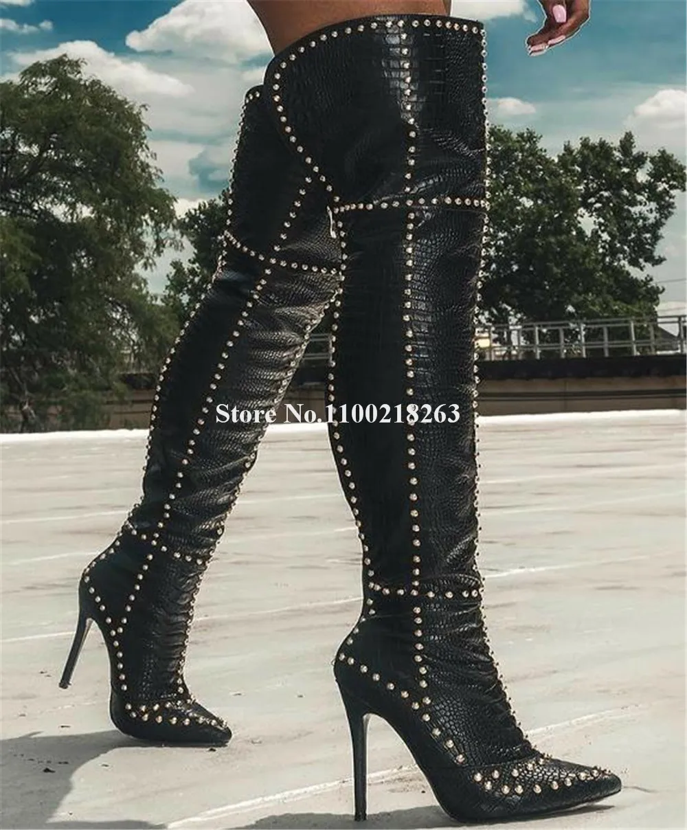 

Sexy Ladies Rivets Over Knee Boots Pointed Toe Metal Studs Stiletto Heel Thigh High Long Boots Party Dress Boots Big Size