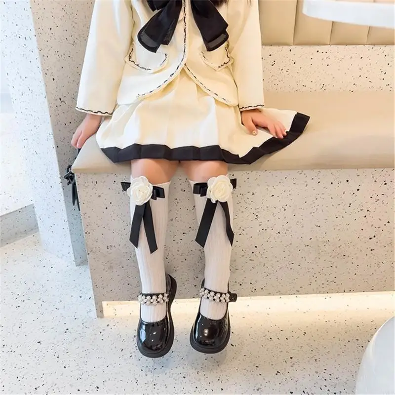 P88A – chaussettes hautes pour enfants filles, japonais JK, mignon camélia avec nœud papillon, uniforme scolaire en coton,