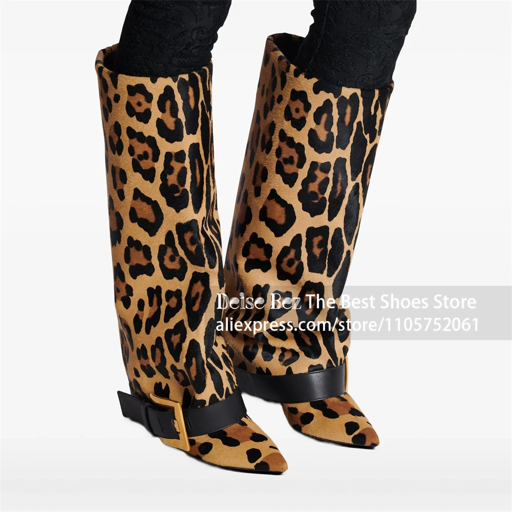 Leopard Print Fold Knee High Boots Pointed Toe Metal Big Buckle Women Boots Fashion Leopard Pattern Slouchy Tall Boots for Women