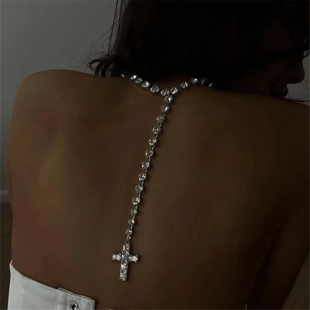 Sexy Crystal Big Cross Pendant Long Tassel Back Chain Necklace Wedding Jewelry for Women Rhinestone Body Chain Necklace Choker