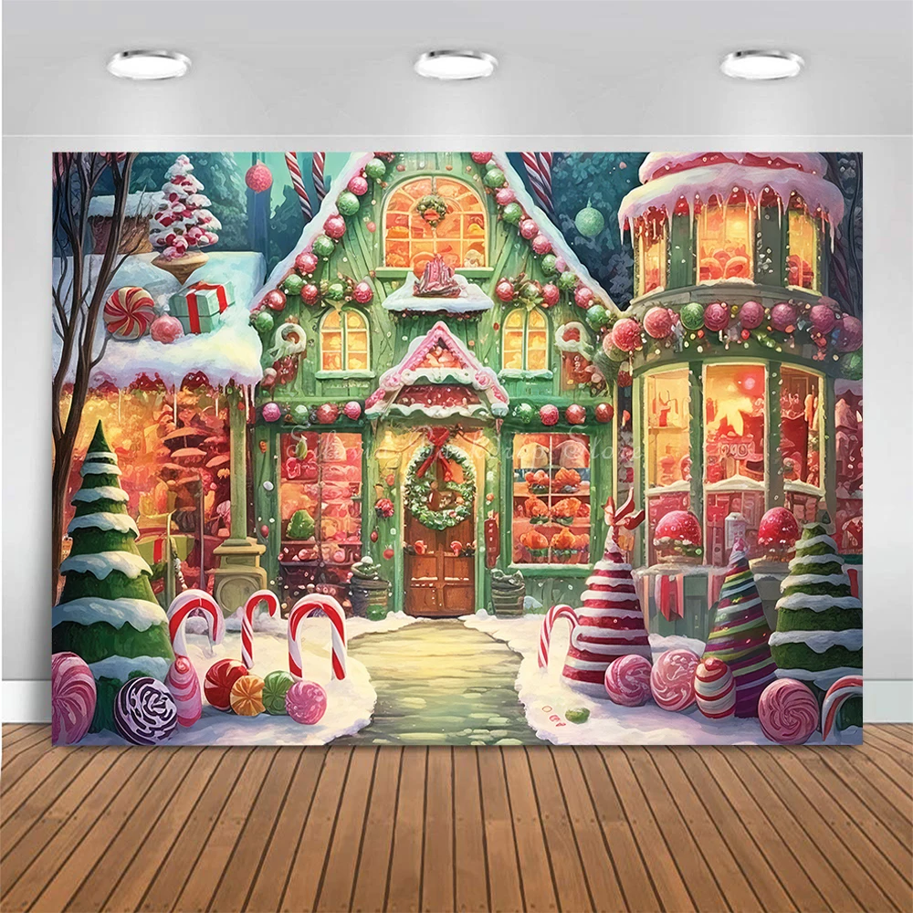 Christmas Candy Store Photo Background Snow Dream Fairy Tale Street Backdrop Kids Portrait Photo Studio Props Photography Cloth