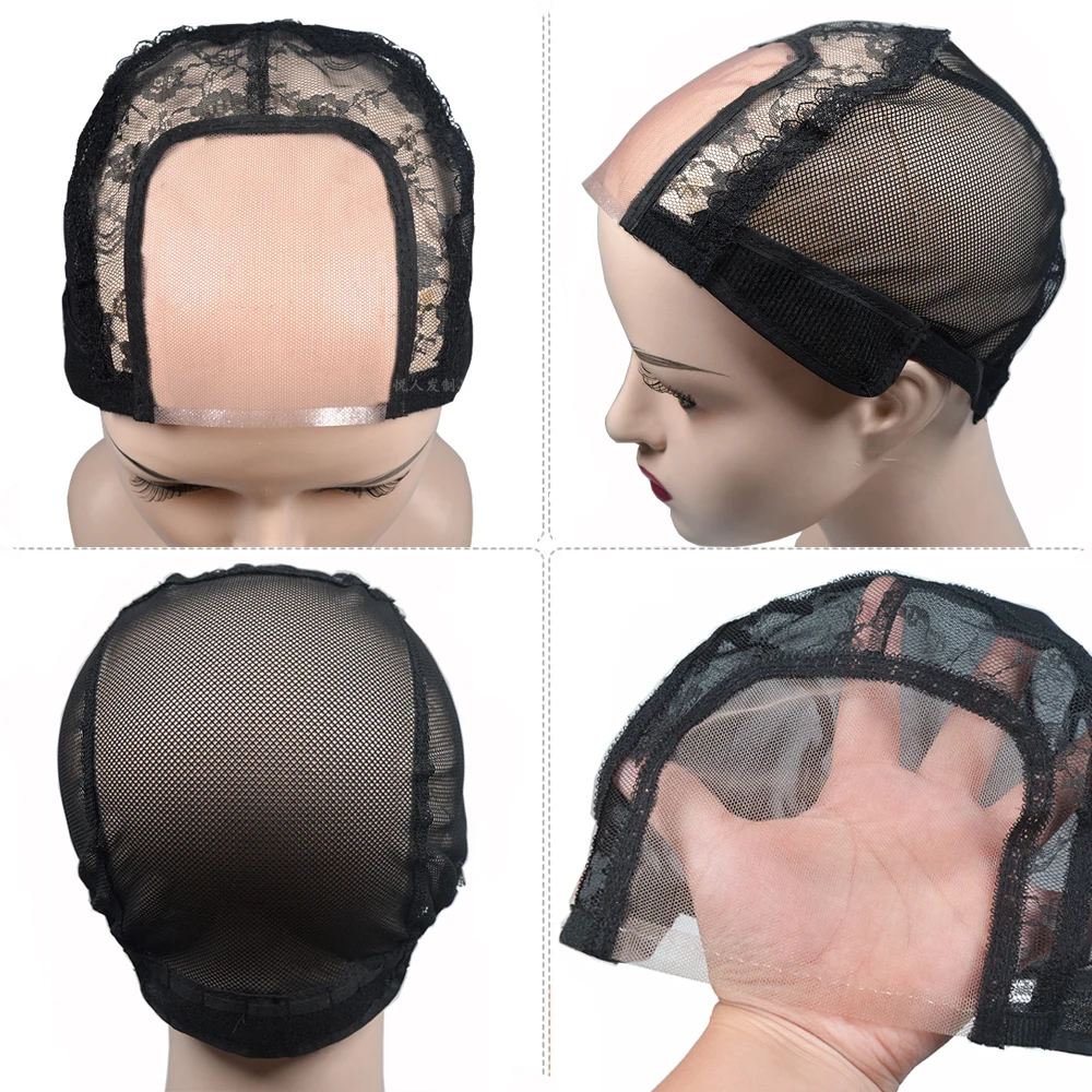 U Part Swiss Lace Wig Cap Black Hairnet Wig Caps For Making Lace Wigs Weaving Cap With Adjustable Strap Wig Making Tools