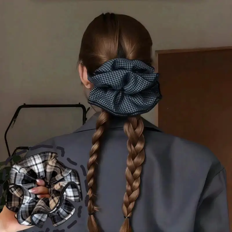 

Резинки для волос в клетку с рюшами в корейском стиле, резинки для волос в клетку, синие ретро-плед, высококачественное кольцо для волос с толстым кишечником, модные головные уборы