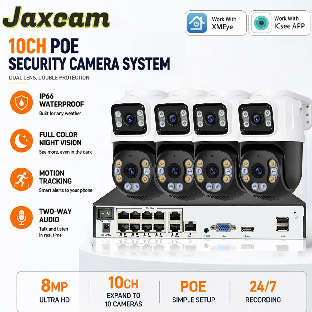 

Dual Lens Screen 8MP POE PTZ IP Camera Outdoor Home Security System With Two-Way Audio 10CH 4K POE NVR Kit ICsee XMeye