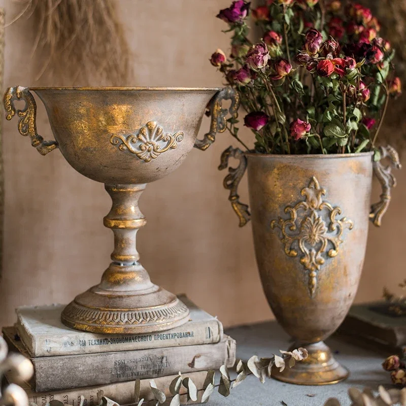 Vintage Hand-Made Classic Distressed Gold Flower Vase, Silver European Style Goblet Flowerpot Pedestal, Gold Vase