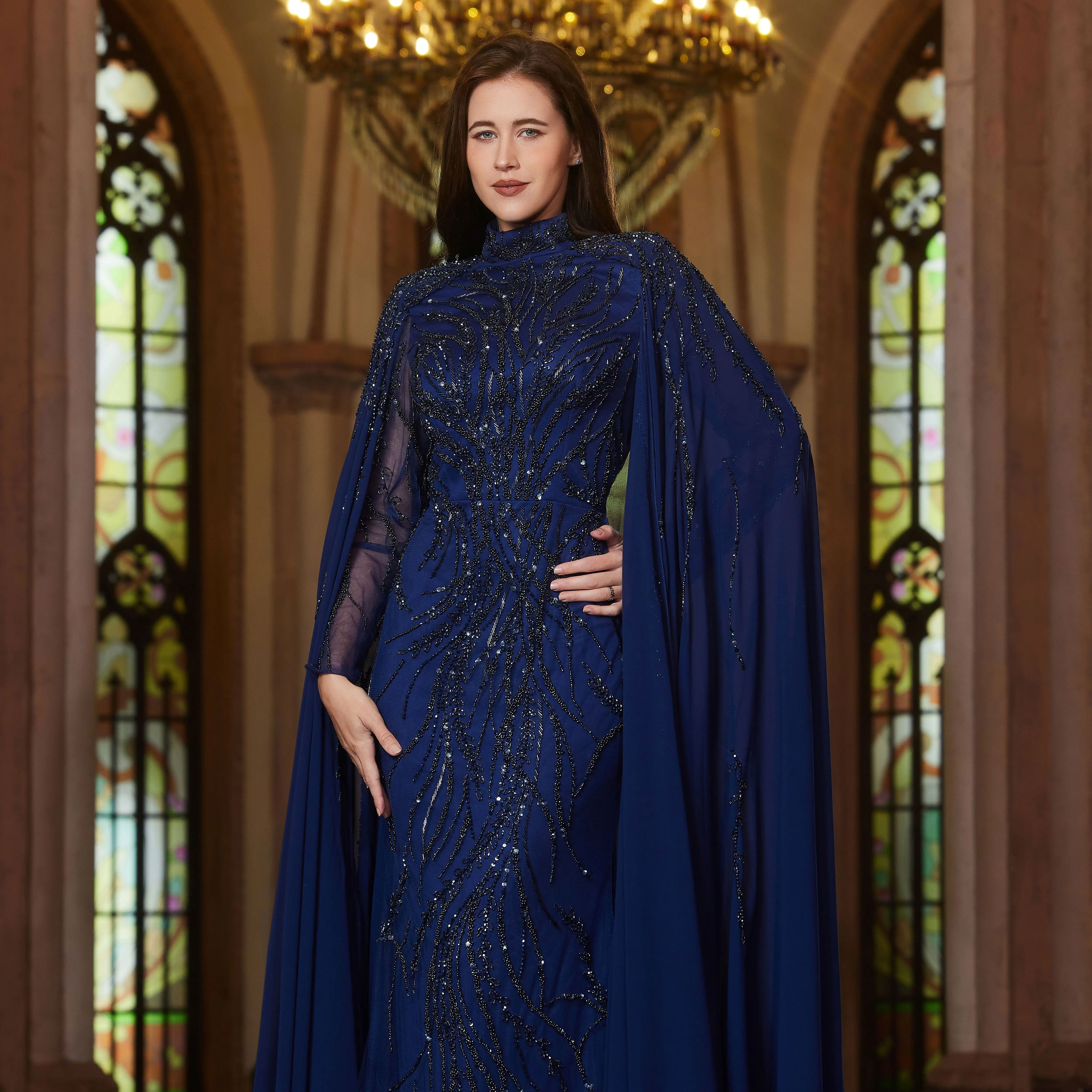 

Alice CollectionPro Blue Luxurious Women's Evening Dresses 2025 with Satin Long Cape Chic Wedding Party Dress Customized