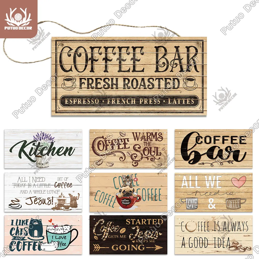 

Putuo Decor Coffee Wooden Signs Plaque Wood Plate Rustic Hanging for Cafe Bar Kitchen Home Backyard Wall Art Decoration Gift