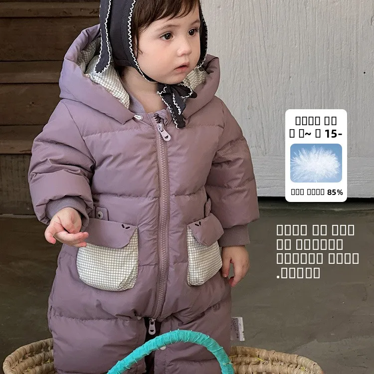 

Зимний комбинезон Thiened White Du down Baby Rer, новинка, с шапкой, длинный рукав, милый, класс А, утепленный...