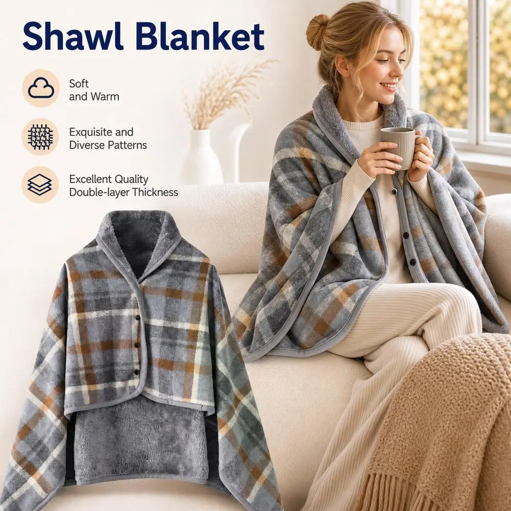 Wearable Blankets Shawl Blankets Double Layer Polar Fleece Plaid Cape Throw With Buttons Warm Office Blanket For Sofa Travel Use