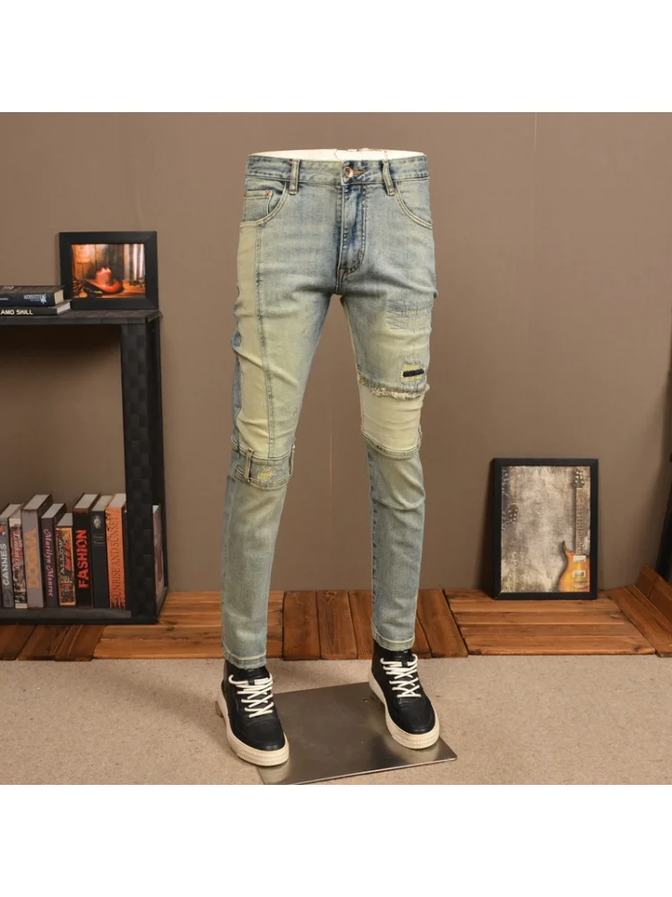 Nostalgic Retro Yellow Mud Color Ripped Stitching Jeans Men's Fashion Elastic Slim Fit Skinny Stitching Motorcycle Style Pants