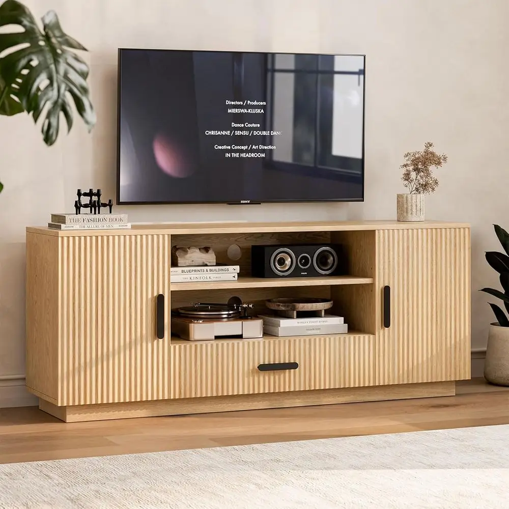 Natural 70 TV Stand, Entertainment Center with 2 Doors, 1 Drawer, Open Shelves, Holds 200 lbs, Cable Management, 90 Min Assembly