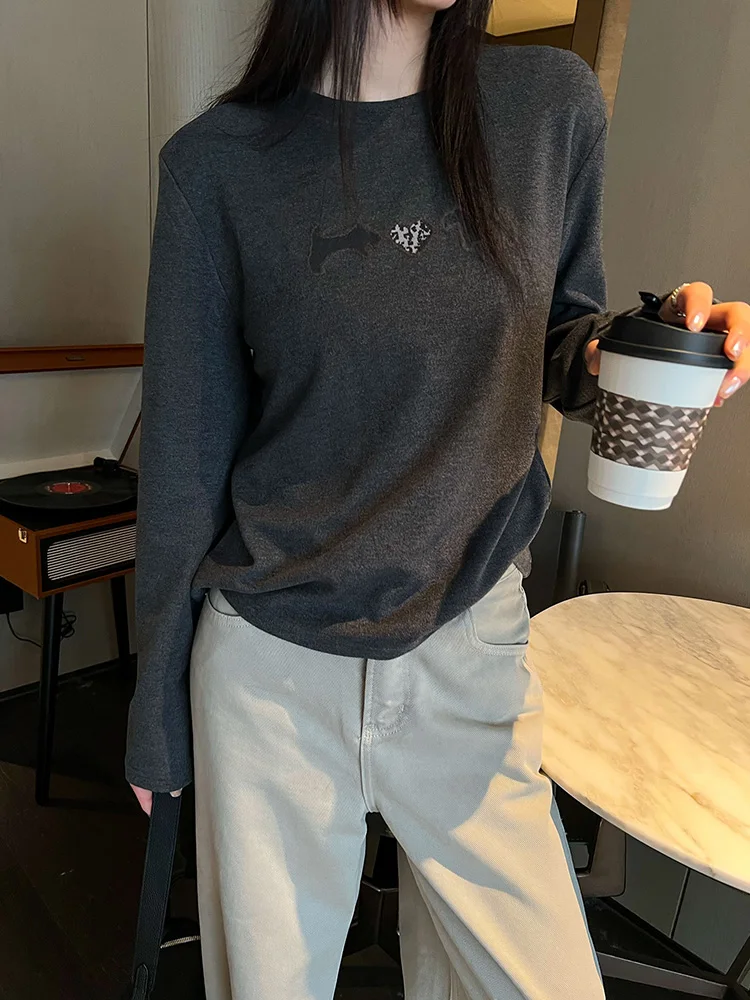 Ele Long Sve T-shirt rotonda ricamata Ne da donna Autunno Inverno Design unico Abbigliamento interno Base Top Semplice Sle Cartoon