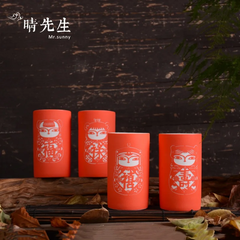 Jingdezhen Ceramic Cup Hand Carved Luck, Wealth, Long-Lived and Happy Water Cup Red Festive Gift New Year Gift Factory Direct Sa