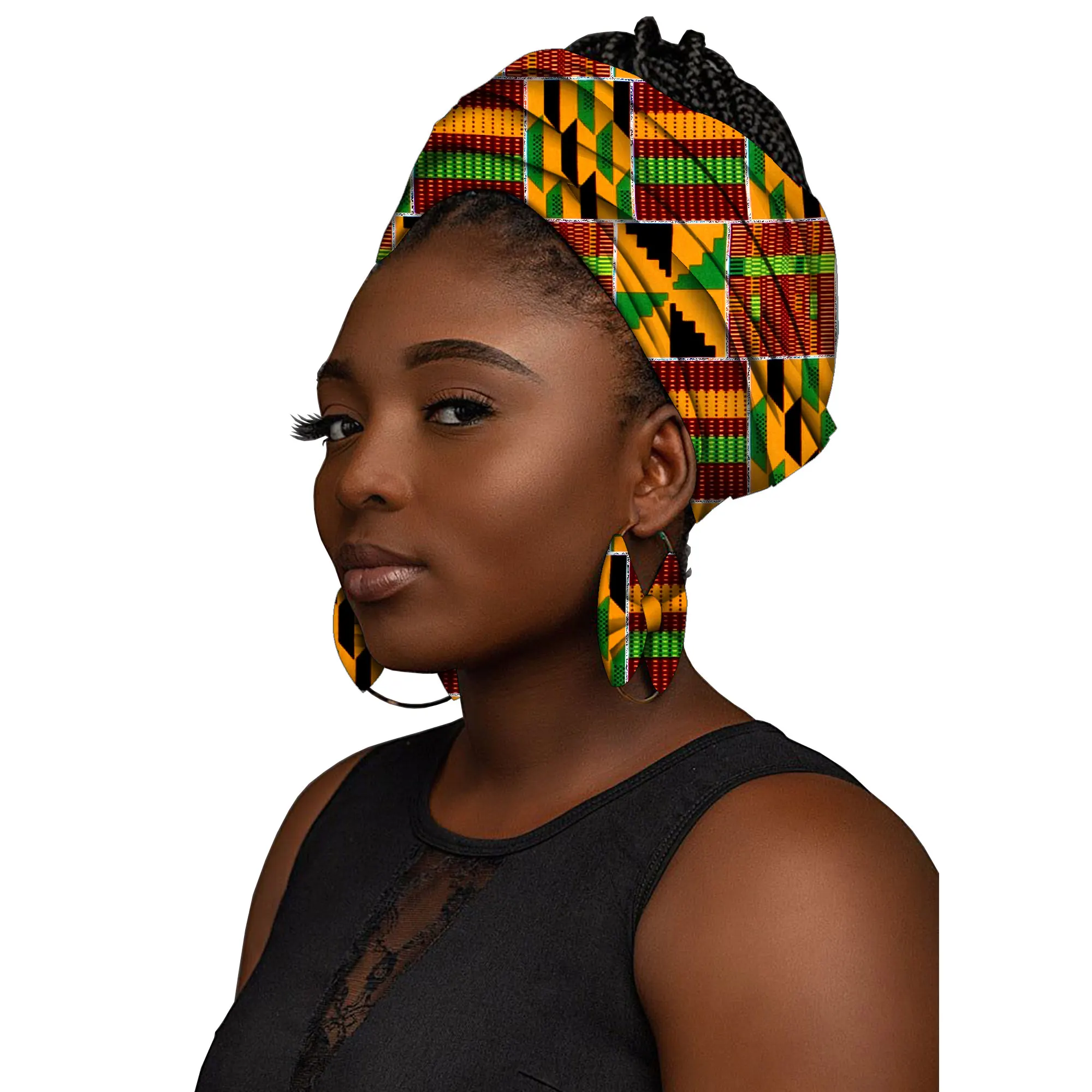 African Headtie Print Headwrap Ankara Wax Fabric Headwraps Kente Scarves and Earrings 2 Pieces WYB911 - view 6