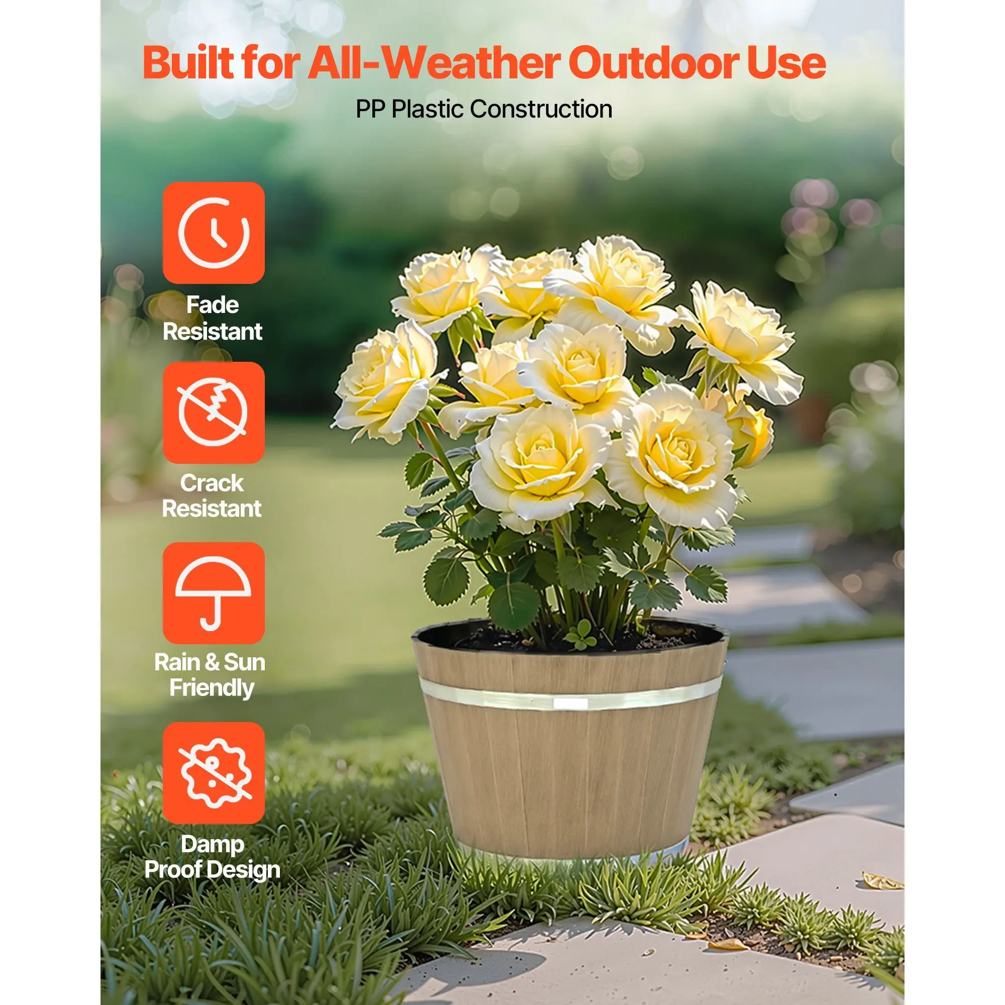 Plant Pots, 4 Pack 11.81 inch Whiskey Barrel Planters with Drainage Holes, Large Outside Plastic Decoration Flower Pot Imitation Wine Barrel Design for Indoor Outdoor Garden Home Plants, Brown