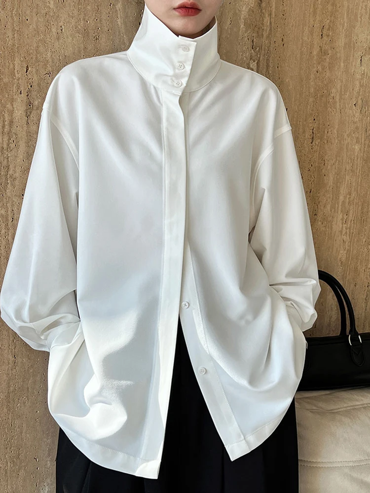 YERMORA White Button Temperament Brief Blouse For Women Stand Collar Long Sleeve Loose New Shirt Fashion Tide Spring Autumn 2025
