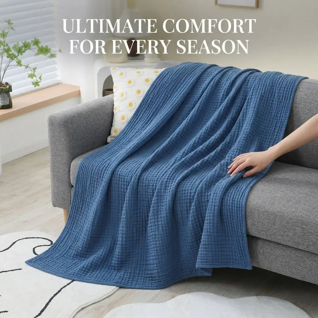 100% Muslin Cotton Gauze Blanket for Adults Baby Ultra Soft Breathable Crinkle Throw Blanket for Sofa Bed 130x150cm 200*230 Blue