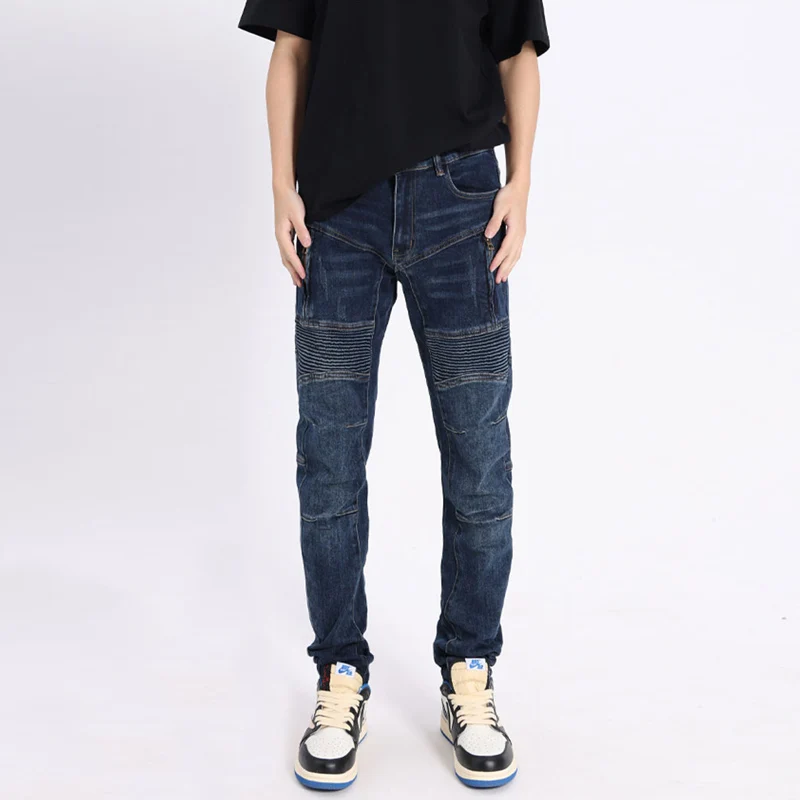 Street Fashion Men Jeans Spliced Designer Elastic Slim Fit Biker Jeans Men Retro Blue Zipper Patched Hip Hop Denim Pants Hombre