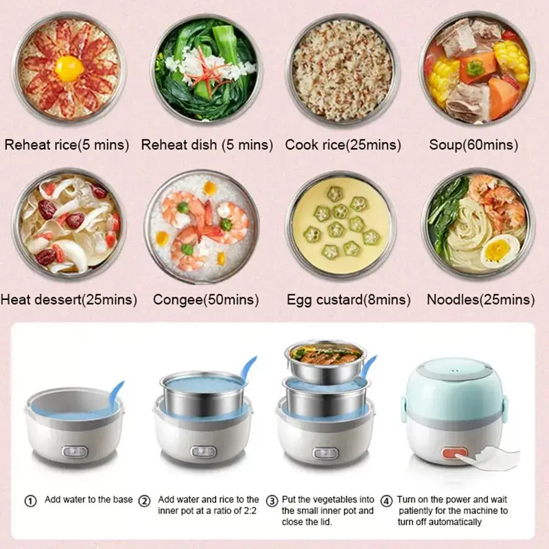 DMWD MINI Rice Cooker Thermal Heating Electric Lunch Box 1/2 Layers Portable Food Steamer Cooking Container Meal Lunchbox Warmer