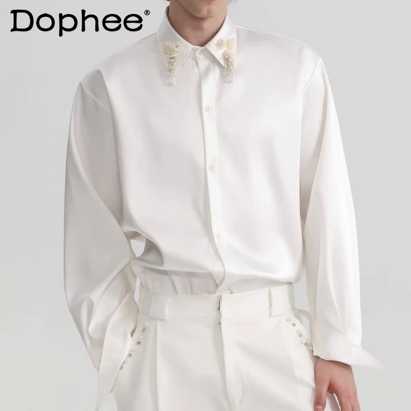 

Men's Spring 2026 Simple Satin Delicate Tassel Shirts High-end Loose Comfort Long-sleeve Shirts Male Lapel Stylish Handsome Tops