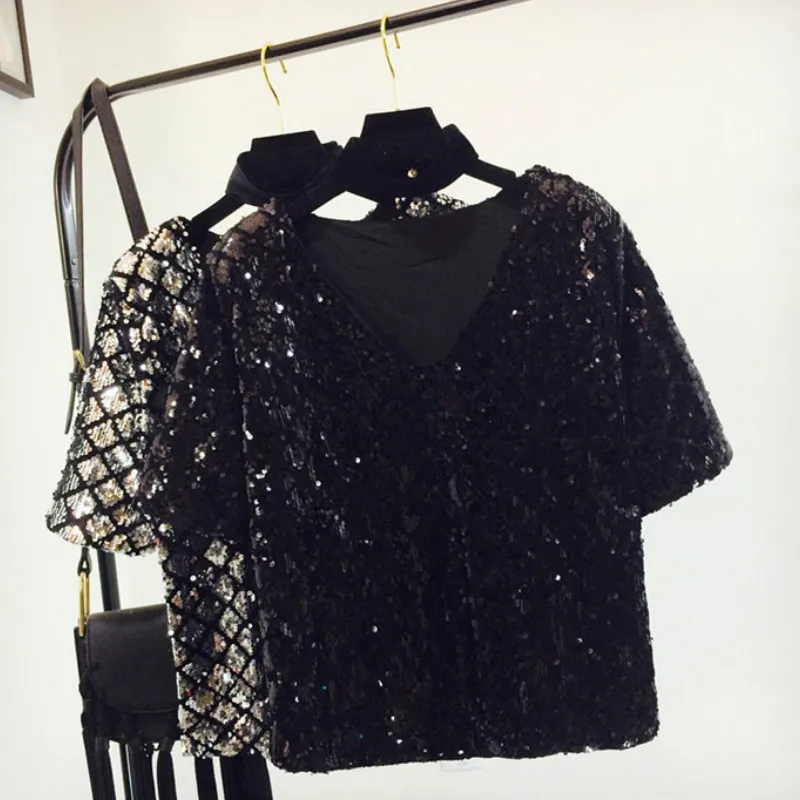 Chic Sequins T-shirt  Loose Diamonds V-neck Beading Tees Short-sleeved Bottoming Shirt Sequined Jumpers Streetwear Dance Tops