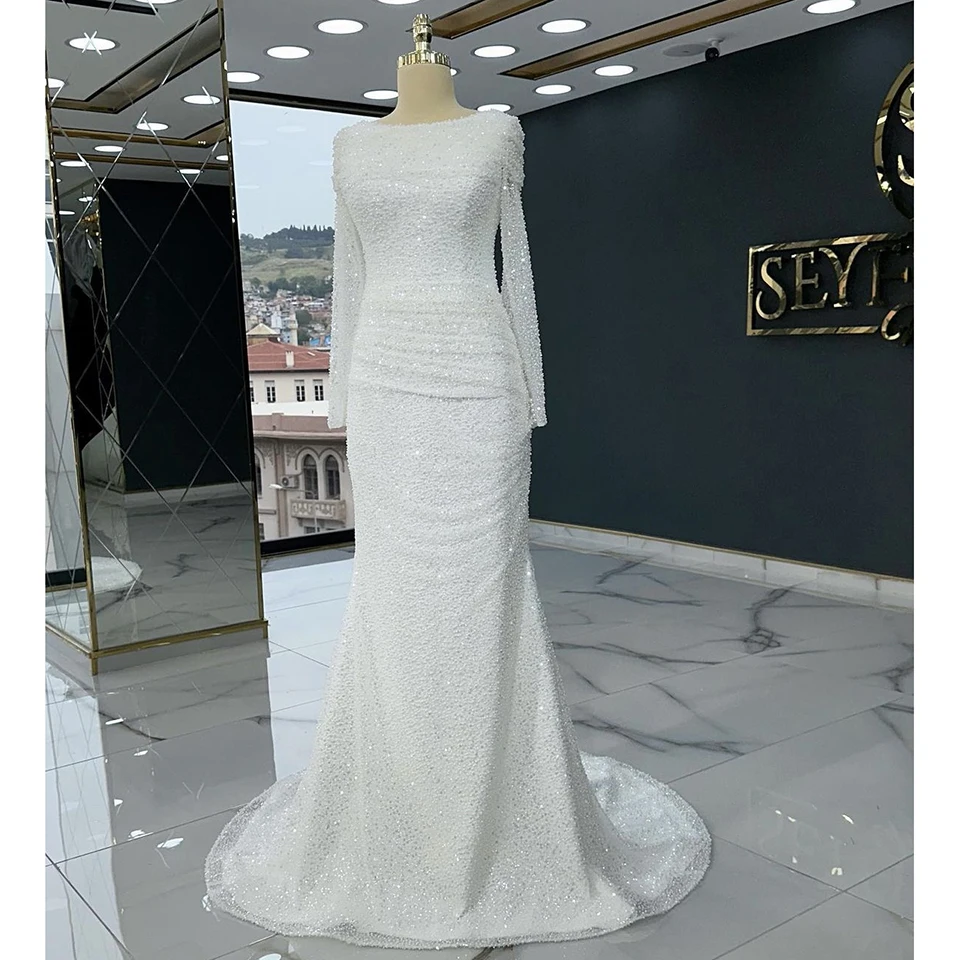 Customized Luxury White O-Neck Sequin Wedding Dress 2024 Boho Mermaid Floor Length Detachable Sweep Train Zipper Bridal Gown