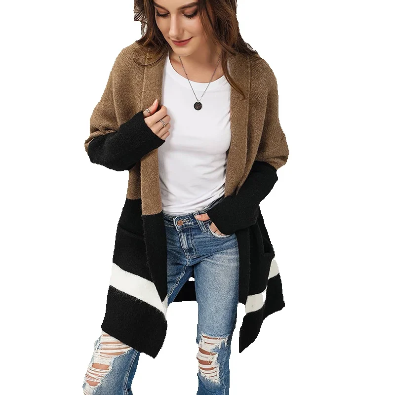 

Autumn And Winter New Color Matching Knitwear Women's Long Casual Style Pocket Warm Cardigan Women