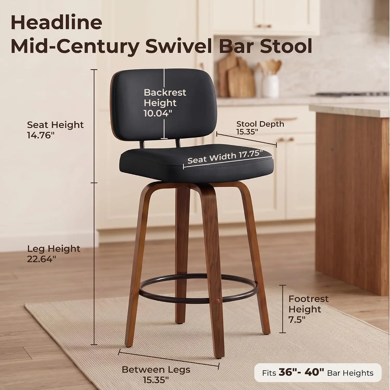 Counter Height Bar Stools Set of 4, 26+inch Swivel Faux Leather Barstool with Back, Upholstered Mid-Century Modern, Customized