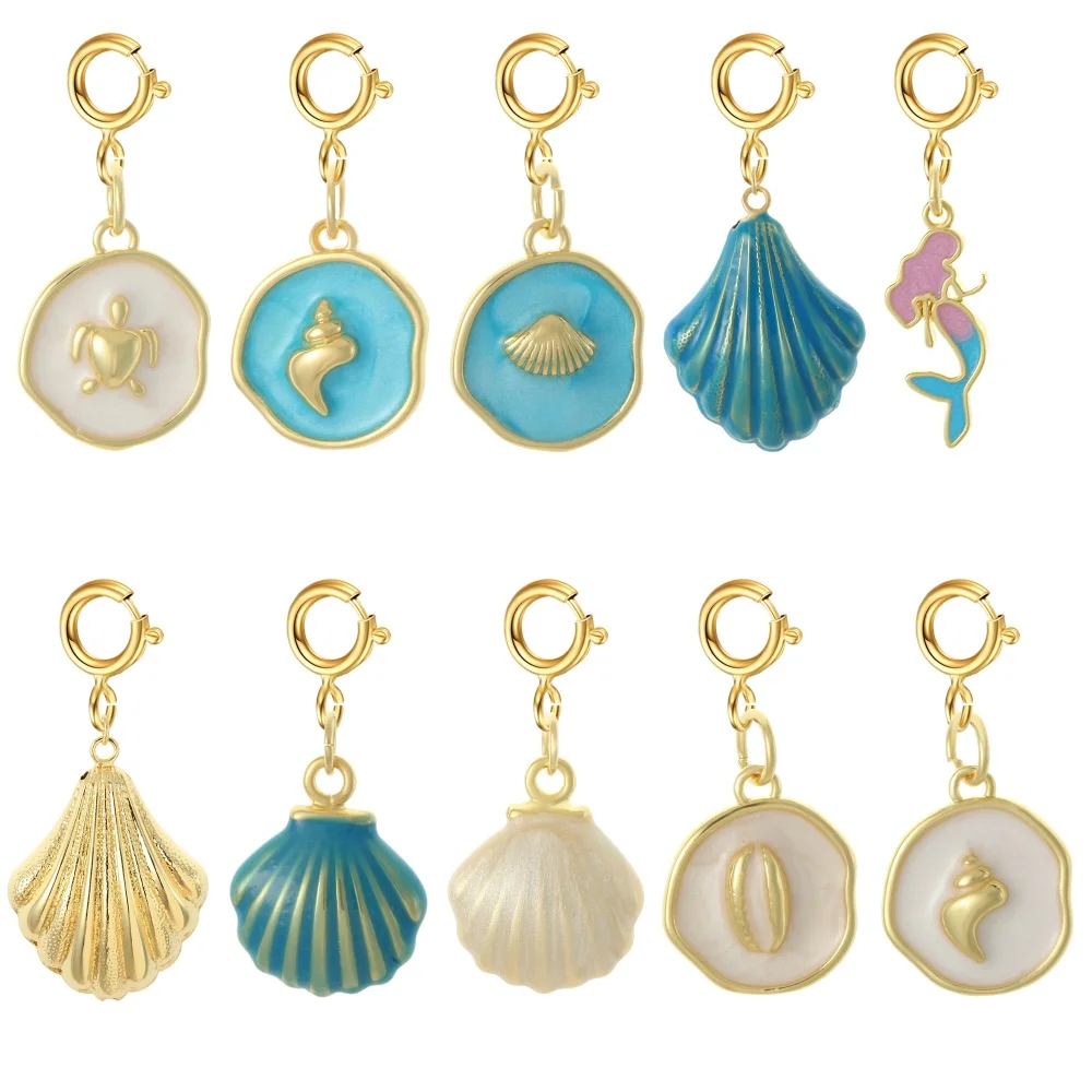 

Cute spring buckle summer ocean style 18k gold plated enamel mermaid starfish Shell conch charms pendant DIY Women's necklace