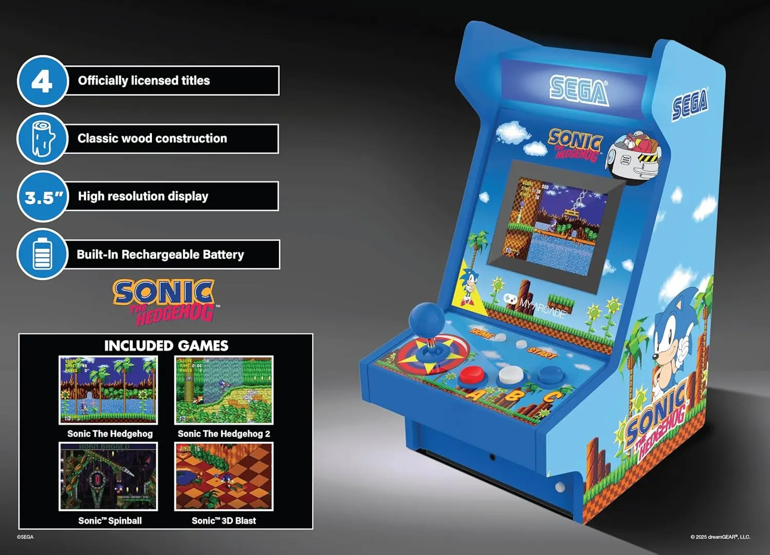 Retro Arcade Player with 4 Classic Games, Sonic Themed Countertop Video Game