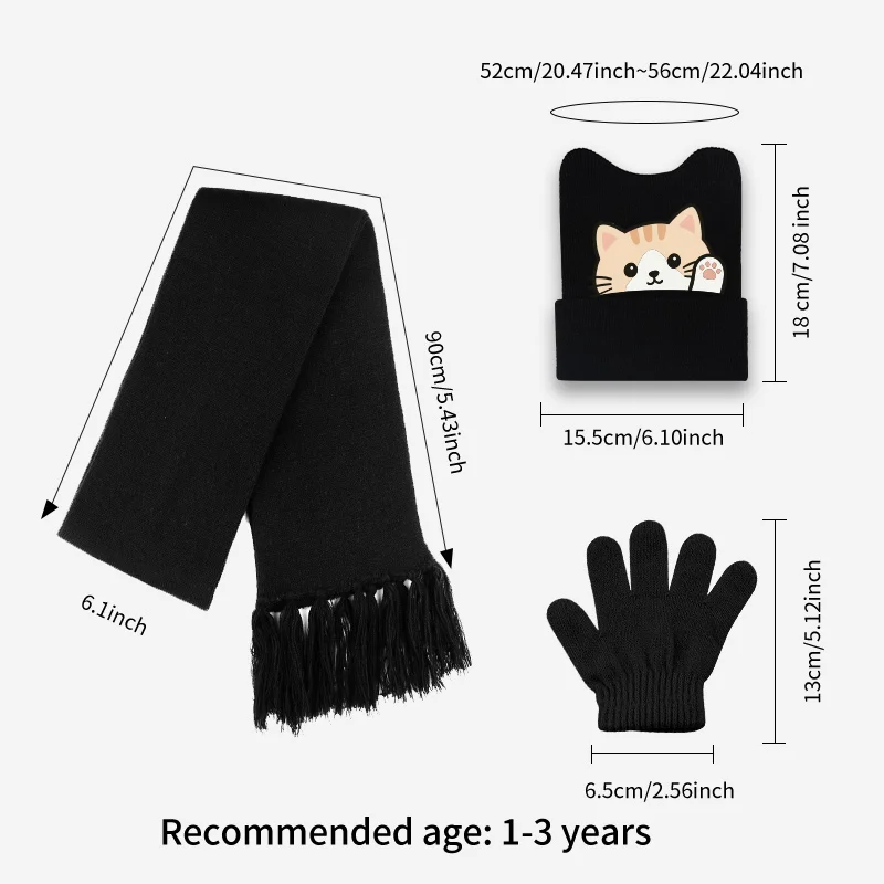 3pc 1-3Y Toddler Hat Scarf Gloves Set, Cat Print Knit Kids Winter Set, Casual Outdoor Warm Set for Boys Girls - view 2