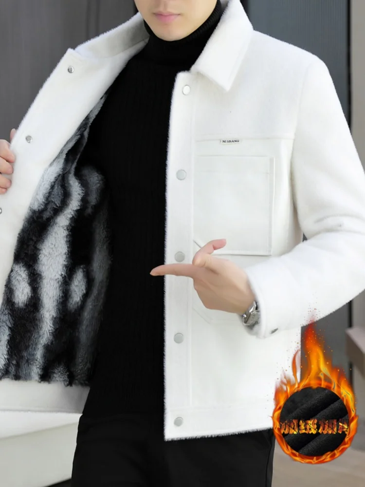 

Thiened Fce Men's Casual Sle Korean Faion Tweed Coat Leather Patchwork Sli High-End Feelings Outerwear