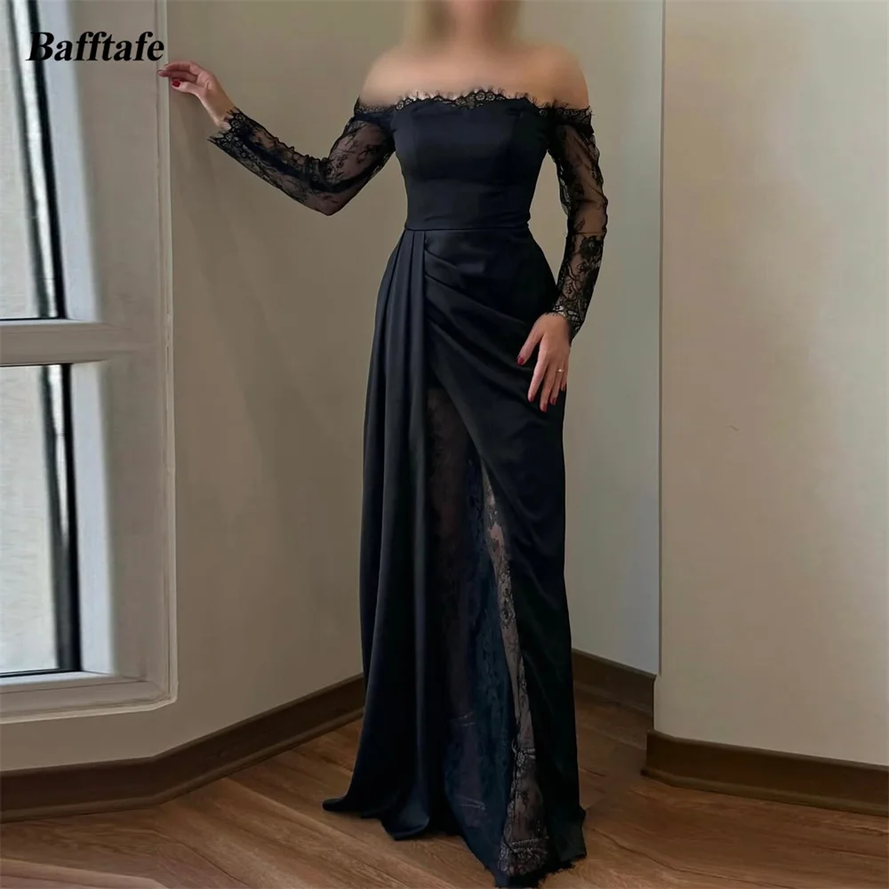 

Bafftafe Customized Black Satin Lace Prom Dresses Long Sleeve Women's Birthday Party Formal Occasion Haute Couture Evening Gowns