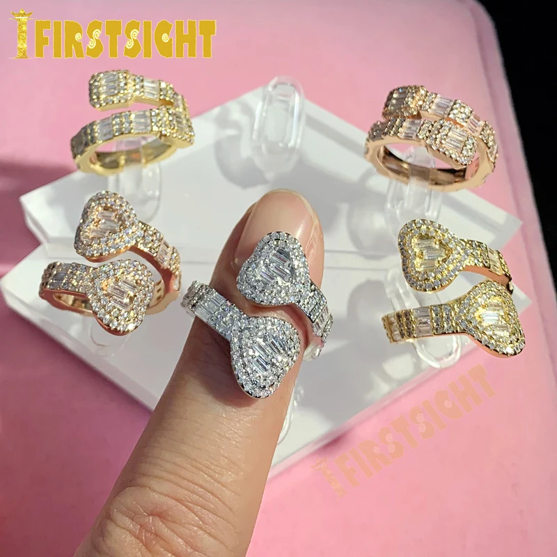 Nowy oblodzony Bling kwadrat serce CZ regulowany rozmiar pierścionek złoty srebrny kolor mikro Pave pierścionki Hip Hop męska biżuteria damska