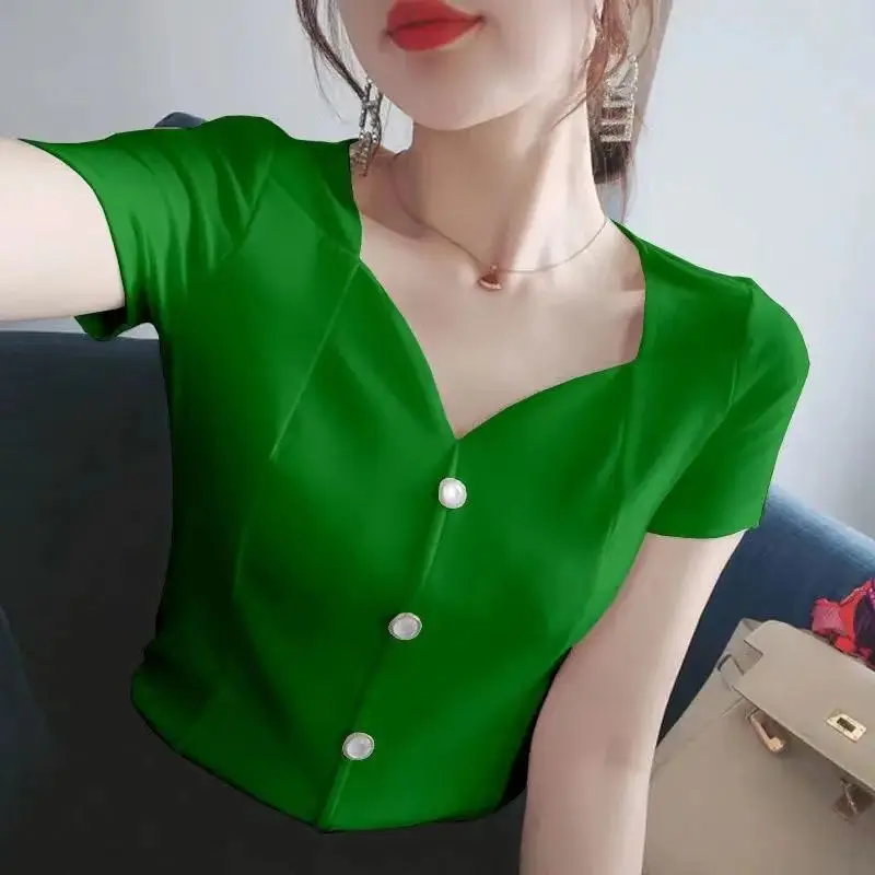 Elegant V-Neck Button Solid Color Blouse Female Clothing 2024 Summer New Commute Tops All-match Office Lady Shirt