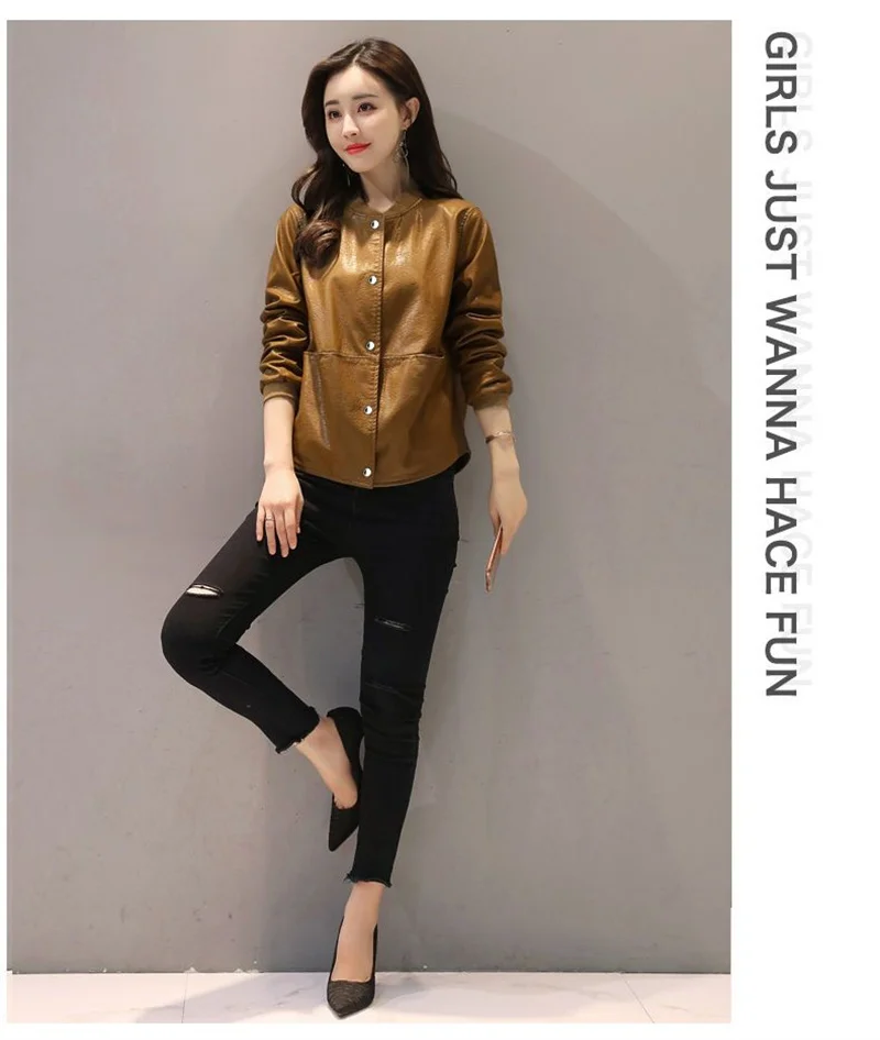 Fashion Slim Round Neck Pu Solid Color Zipper Leather Women\'s Spring And Autumn Korean Loose Short Coat Casual Leather Jacket