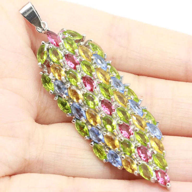 

68X19mm Multi Color Long Big Violet Tanzanite Tourmaline Peridot Golden Citrine Women Silver Pendant Fine Cut Bridal Jewelry