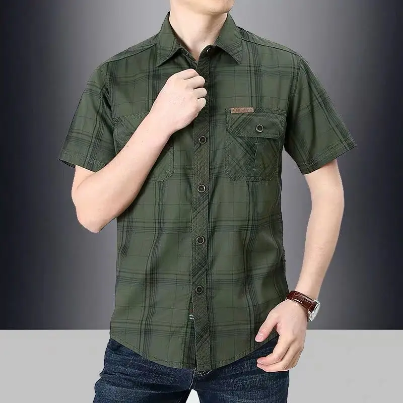 

Summer Busin Casual Plaid ort Sve irt Loose Fit Lightweight Pure Cotton Men's Faion Urban Sle Waed Fini