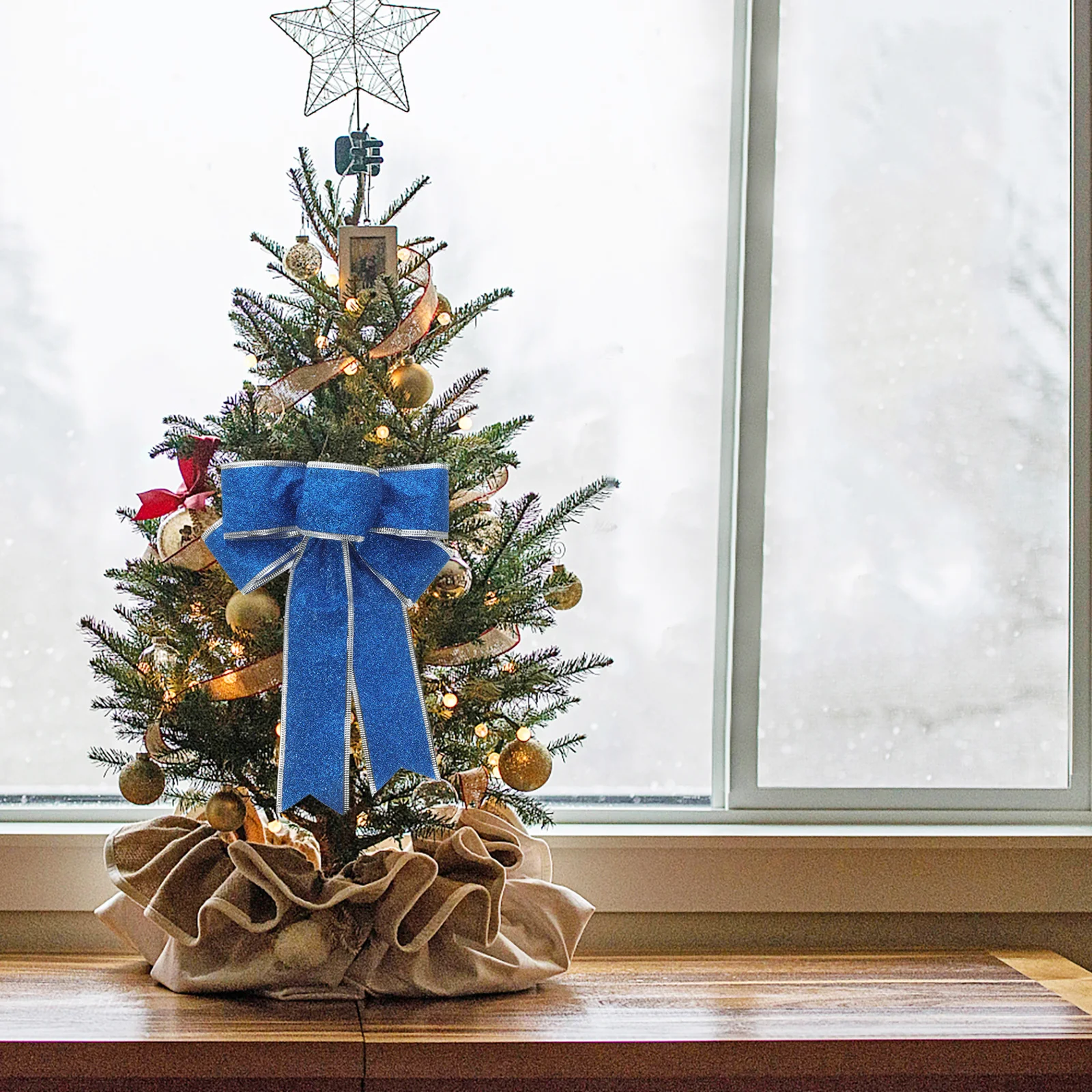 

5Pcs Glittering Fabric Christmas Ribbon Bow for Tree Presents Gift Knot Ribbon Decorations on Door Wall Chair Table