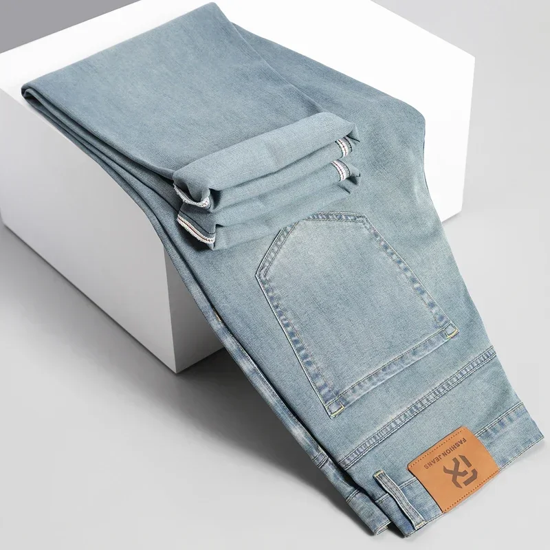 

Men's Loose Jeans Summer Fashion Drape Soft Fabric Ultra Thin Pants Wide Legs Ice Silk Lyocell Business Straight Denim Trousers