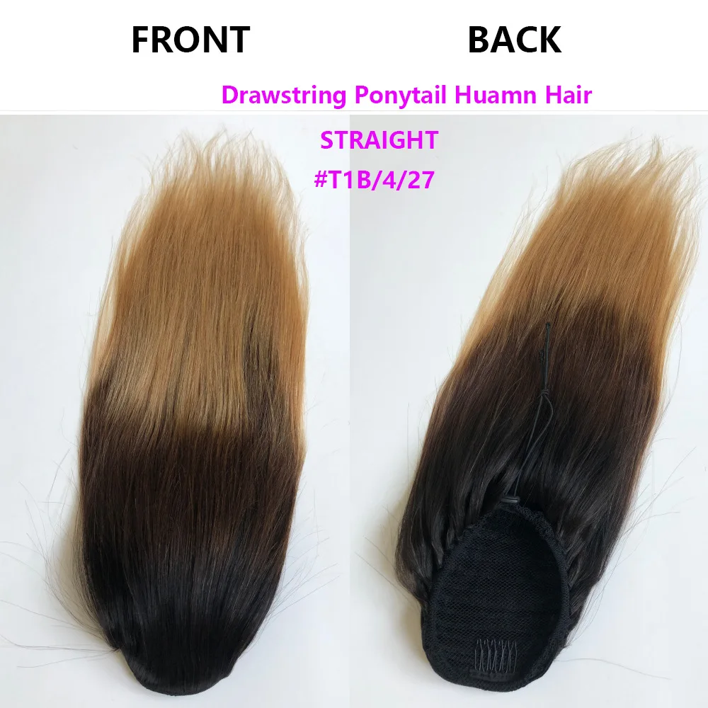 100g Drawstring Human Hair Ponytails Natural Straight Ponytail For Women Dark Brown 1B/99J Increase Hair Volume