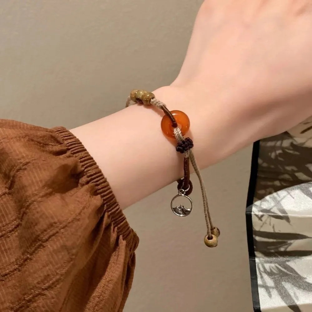 Chinese Style Woven Rope Bracelet Amber Colored Handmade Women Bracelets Adjustable Ethnic Style Coffee Peace Buckle Chain