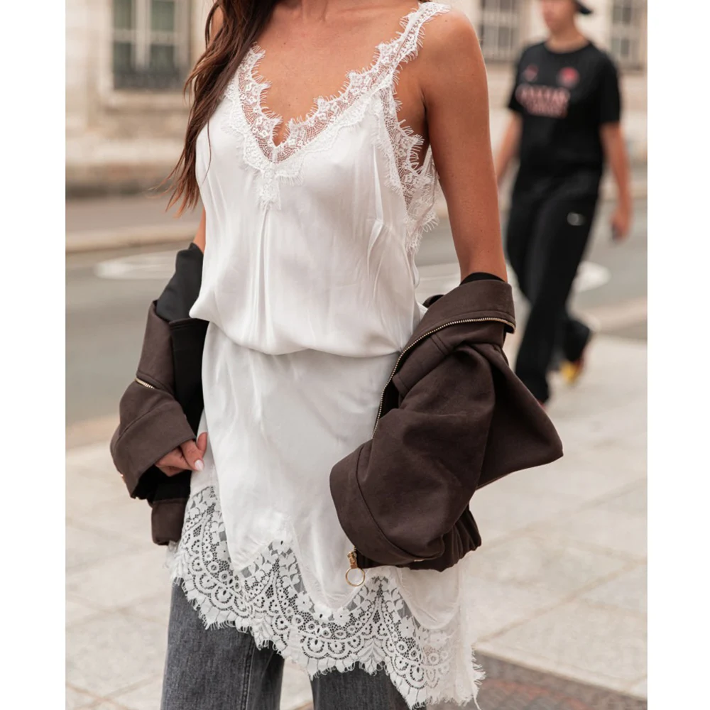 Women Summer Chic Sexy Satin Lace Trim Tanks Mini Dress y2k Aesthetic Sleeveless Backless V-neck Club Party Beach Dresses