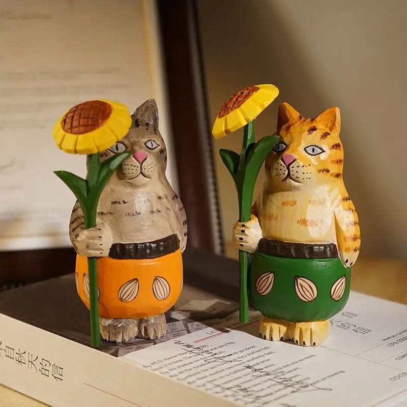 Sunflower Cat Handmade Wood Carving Small Ornament Solid Wood Cute Cartoon TV Cabinet Desktop Decoration
