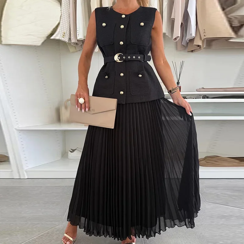 

LIBIELIY Elegant Mesh Pleated Solid Party Suit Fashion O-neck Button Tops & Long Skirts Sets Women Casual Sleeveless Slim Fit 2