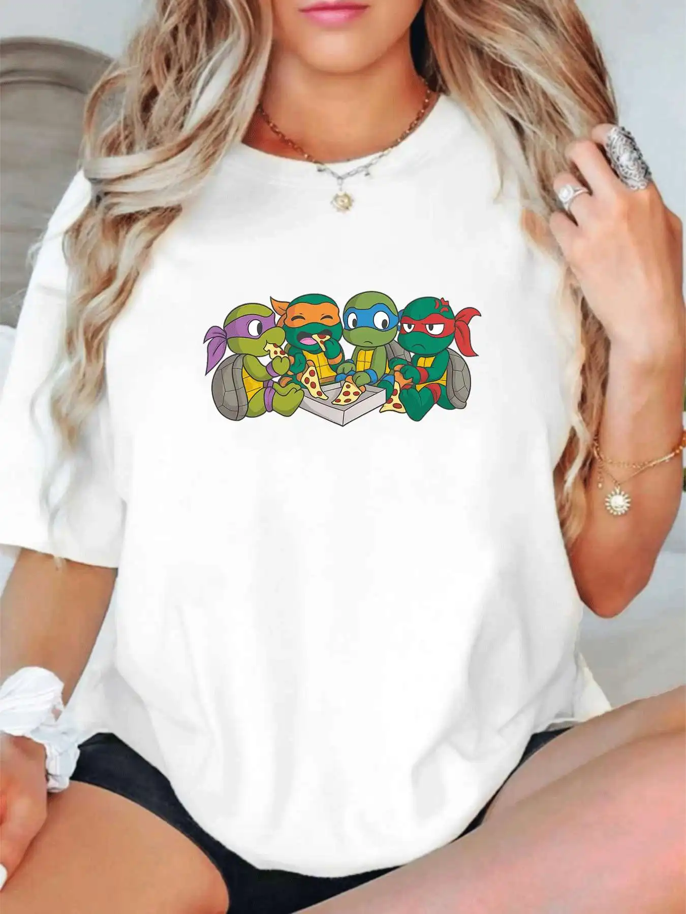 【1142340】 T-shirt femme grande taille col rond manches courtes avec demi-manches élastiques et imprimés tendance