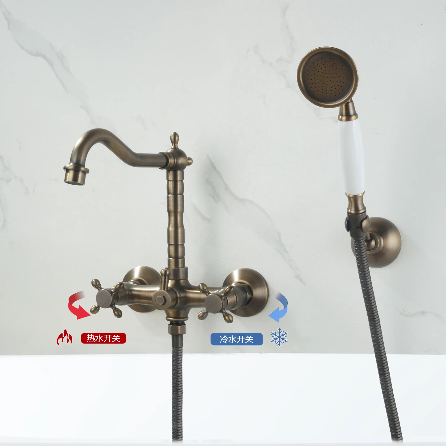 Antique Roman Tub Faucet with Handheld Shower Wall Mounted Dual Hole Bathtub Sink Faucet Two Handle Hot and Cold Mixer Taps